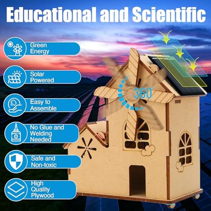 DIY SOLAR WINDMILL HOUSE,3D WOODEN PUZZLE,STEM EDUCATIONAL SCIENCE CRAFT MODEL KIT FOR KIDS AGES 8-12.WITH CLEAR ENGLISH INSTRUCTION AND OUTER BOX. - Image 3